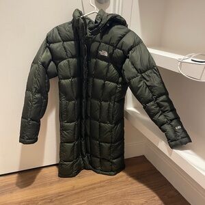 Green north face knee length puffer
